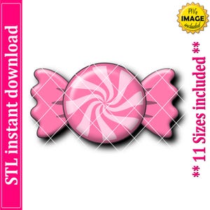 May include: A pink and white candy illustration with a spiral design in the center. The candy is wrapped in pink paper with a wavy edge. Text on the left says "STL instant download" and text on the right says "** 11 Sizes included **".