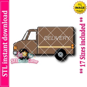May include: A brown delivery truck graphic with the word DELIVERY printed in white on the side. The image includes text stating STL instant download, PNG image included, and 17 Sizes included, with a small star and heart icon graphic.