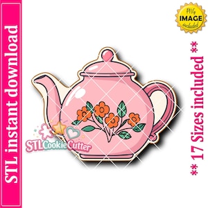 May include: A pink teapot cookie cutter design featuring a floral pattern with orange flowers and green leaves. The image includes text stating STL instant download, PNG image included, and 17 sizes included, along with the logo STLCookieCutter.