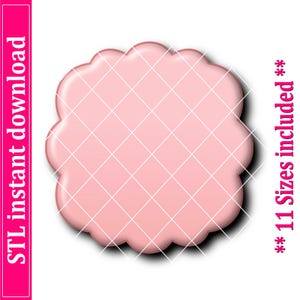 May include: A pink, scalloped-edge shape with a white grid pattern. The image includes the text "STL instant download" in a vertical pink bar on the left and "** 11 Sizes included **" on the right.