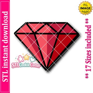 May include: A red diamond-shaped graphic with thick black outlines and faceted shading. The image includes text reading STL instant download, PNG image included, and 17 Sizes included, along with a logo featuring the text STLCookieCutter.