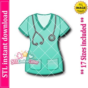 May include: A teal V-neck scrub top with short sleeves and two front pockets. A grey stethoscope is draped around the neckline. The image includes text reading STL instant download, 17 Sizes included, and PNG IMAGE included.
