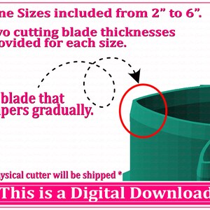 May include: Digital download of nine different sized cutting blades for a craft cutter. The blades range in size from 2 inches to 6 inches. The image shows a close-up of a blade with a gradual taper. The text "This is a Digital Download" is at the bottom of the image.