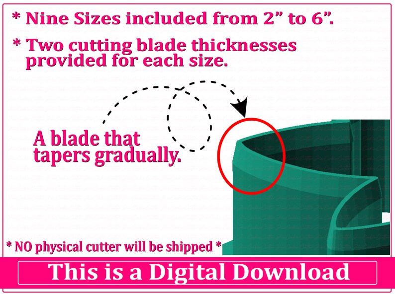 May include: Digital download of nine different sized cutting blades for a craft cutter. The blades range in size from 2 inches to 6 inches. The image shows a close-up of a blade with a gradual taper. The text "This is a Digital Download" is at the bottom of the image.