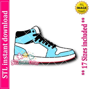 May include: A high-top sneaker graphic in light blue, white, and black with a red sole. The image includes the text STL instant download, PNG IMAGE included, 17 Sizes included, and STLCookieCutter with colorful star and heart icons.