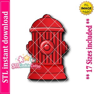 May include: A bright red fire hydrant cookie cutter design featuring a rounded top, vertical ribbed detailing, and a central circular nozzle. The graphic includes the text STL instant download, PNG image included, and 17 Sizes included.