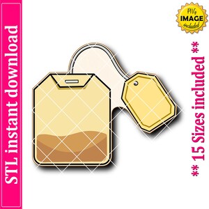 May include: A vector illustration of a tea bag with a tag. The tea bag is light yellow with a brown tea-filled bottom and a white string attached to a yellow tag. The image includes the text "STL instant download" and "15 Sizes included".