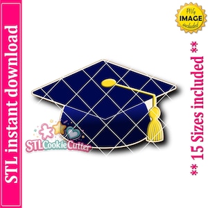 May include: A navy blue graduation cap with a gold tassel and a yellow button. The image includes the text "STL instant download" and "15 Sizes included". The logo for STL Cookie Cutter is also present.