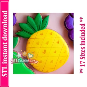 May include: A pineapple-shaped cookie with yellow icing, a cross-hatched pattern, and small heart details, topped with green icing leaves. The image includes the text STL instant download and 17 Sizes included, along with a STLCookieCutter logo.