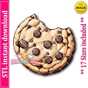 May include: A digital illustration of a round chocolate chip cookie with a bite taken out of the top edge. The cookie is light tan with dark brown chocolate chips. Text on the image includes STL instant download and 17 Sizes included.