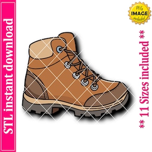 May include: A cartoon illustration of a brown hiking boot with a black sole and laces. The boot has a tan collar and is set against a white background. Text on the image includes "STL instant download" and "11 Sizes included".