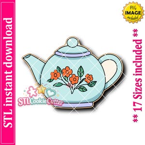 May include: A light blue teapot cookie cutter with a floral design featuring orange flowers and green leaves. The design includes a lid, a spout, and a handle. Text on the image reads STL instant download, PNG image included, and 17 Sizes included.