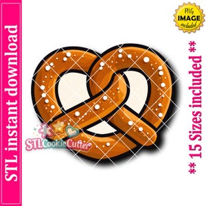 Puede incluir: Imagen de un pretzel con exterior marrón y puntos blancos de sal. La imagen incluye el texto "STL instant download" a la izquierda y "15 Sizes included" a la derecha. Un logo de "STL Cookie Cutter" en la parte inferior.
