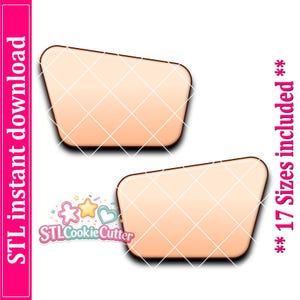 May include: Two peach-colored, trapezoidal cookie cutter shapes with rounded corners. The image includes the text "STL instant download" on the left, "** 17 Sizes included **" on the right, and a logo reading "STLCookieCutter" with star and heart icons.