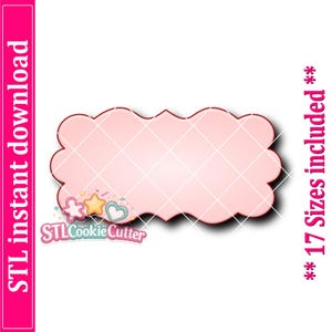 May include: A light pink scalloped rectangular cookie cutter shape with a dark red outline. The text STL instant download is on the left, and 17 Sizes included is on the right. A small logo with a star, heart, and flower sits below the shape.