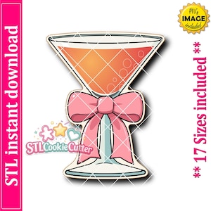 Peut inclure: Une illustration numérique d'un verre à martini rempli d'un liquide orange, orné d'un grand nœud rose attaché autour de la tige. L'image contient le texte STL instant download, PNG image included et 17 Sizes included.