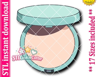 May include: A digital illustration of a round compact powder case with a light teal lid and base, featuring a pale beige powder center. The image includes text reading STL instant download, 17 Sizes included, and STLCookieCutter with star icons.