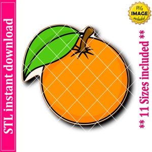 May include: A digital illustration of an orange fruit with a green leaf and brown stem. The orange has a grid pattern and is outlined in black. Text on the image includes "STL instant download" and "11 Sizes included".