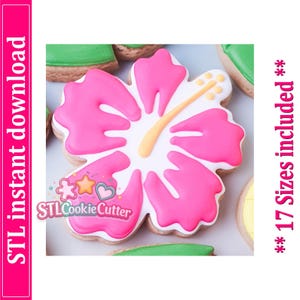 May include: A hibiscus flower shaped cookie with bright pink icing and a white base. A yellow stamen extends from the center. The image includes the text STL instant download and 17 Sizes included. The cookie has a smooth, glossy finish.