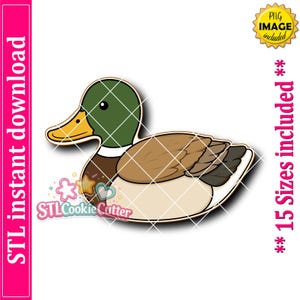 May include: A digital illustration of a mallard duck with a green head, yellow beak, and brown and cream body. The image includes text stating STL instant download, PNG image included, and 15 sizes included, with a small star and heart icon.