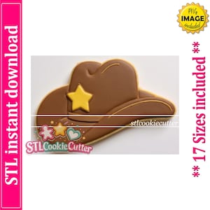 May include: A brown cowboy hat shaped cookie cutter with a yellow star emblem on the front. The design includes the text STLcookiecutter and the phrase STL instant download, along with a badge stating PNG image included and 17 Sizes included.