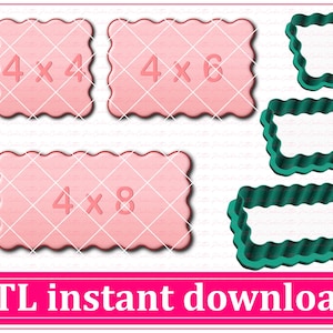 Könnte beinhalten: Neun verschiedene Größen von Ausstechern in Form eines Rechtecks mit abgerundeten Ecken. Die Ausstecher sind rosa und grün. Der Text "4x4", "4x6" und "4x8" ist auf den rosa Ausstechern aufgedruckt.