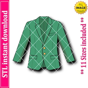 May include: A green blazer with two gold buttons, a breast pocket, and two side pockets. The image includes the text "STL instant download" and "** 11 Sizes included **". A PNG image is also included.