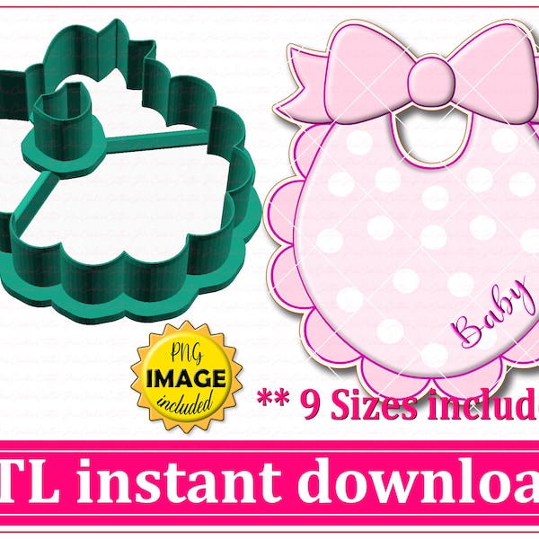 Scalloped Baby Bib With Ribbon Cookie Cutter STL File Instant Download, STL Cookie Cutter File