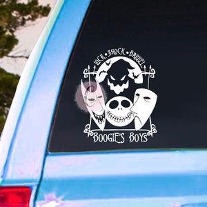 May include: A white vinyl decal featuring characters from The Nightmare Before Christmas. The design includes the faces of Lock, Shock, and Barrel, along with Jack Skellington's skull, and the text "Boogie's Boys."