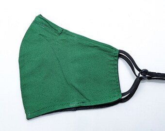 Solid green hand made cotton face mask with nose wire and adjustable straps and replaceable filter