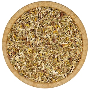 May include: A wooden bowl filled with dried herbs and flowers, a blend of yellow, brown, and green hues.
