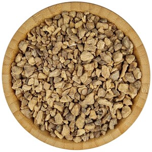 May include: A wooden bowl filled with dried, light brown pieces of burdock root.