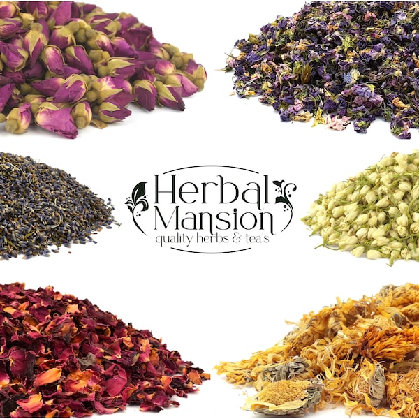 Organic Dry Flowers & Petals 60 Types for Tea Making, Tea Blends, Tea Infusion Cooking Baking Wedding Cake Decoration, Gin Coctail Garnishes