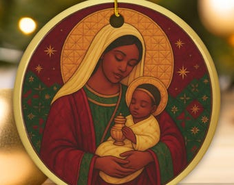 African American Madonna and Child Ornament, Patchwork Black Mary and Baby Jesus Christmas Decor