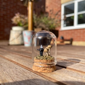 Miniature Robot & Mushroom Diorama – Tiny Sci-Fi Scene in Glass cloche