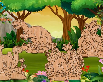 May include: Wooden dinosaur cutouts in various poses, including a Tyrannosaurus Rex, set against a backdrop of a jungle scene. The cutouts are made of light-colored wood and are suitable for crafts or decorations. The background features trees, plants, and flowers.