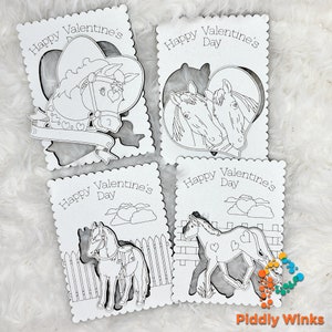 Valentine-ruilkaarten, set van 4, svg, kinderen, school, magnetisch, kleur, eenvoudig, snel, paarden, direct downloaden