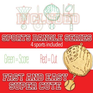 May include: A set of four sports-themed wooden ornaments, including a baseball glove, baseball, basketball, and football. The ornaments are laser cut and ready to be painted or stained. The text on the image reads "SPORTS DANGLE SERIES 4 sports included Green=Score Red=Cut FAST AND EASY SUPER CUTE"