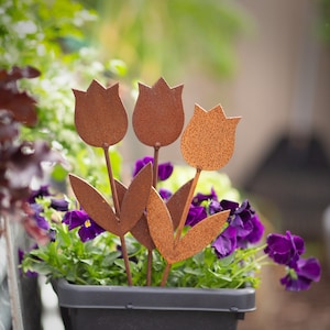 May include: Three rusty metal tulips with leaf accents are arranged in a pot of purple flowers. The tulips are a dark brown colour and have a rustic look.