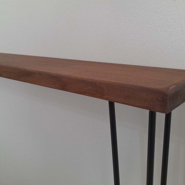 Table console étroite avec pieds en épingle à cheveux, bois massif rustique, console de radiateur, bois de pin naturel