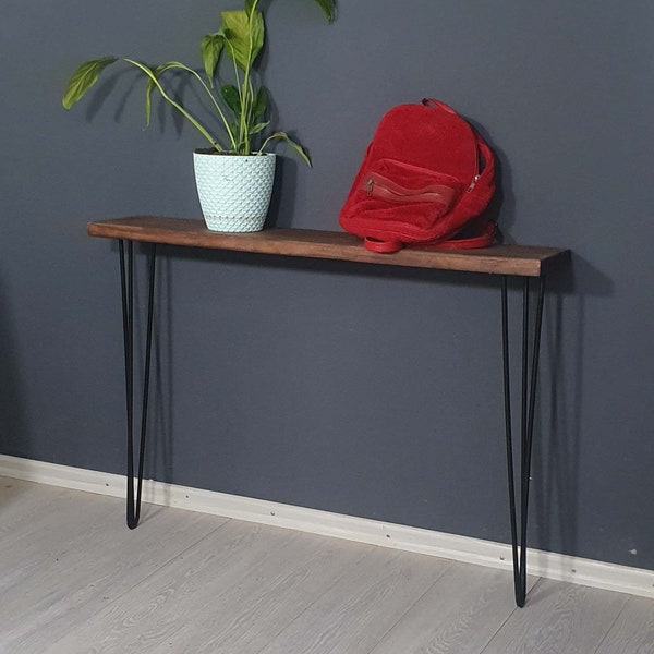 Narrow console table with hairpin legs, wooden rustic solid wood, radiator console, natural pine wood