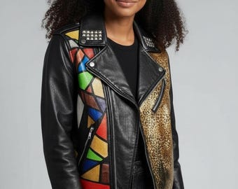 Women's Hand painted color block real Leather Jacket