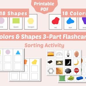 May include: Printable PDF flashcards for sorting activities. The set includes 18 shapes and 18 colors. The shapes are a circle, square, and hexagon. The colors are red, blue, and purple. The flashcards are designed for children to learn about colors and shapes.