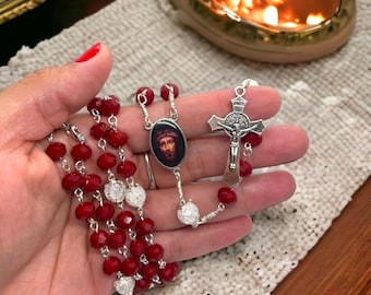 Roter Rosenkranz, Kostbares Blut Jesus Christus, Rosenkranz des Kostbaren Blutes, handgefertigt, Kostbares Blut Jesus Christus, Rosenkranz des Kostbaren Blutes