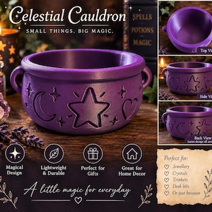 May include: A purple cauldron with two small handles, featuring embossed celestial motifs including a central star, a crescent moon, and a heart. The exterior surface displays these repeating symbols around the entire circumference of the bowl.