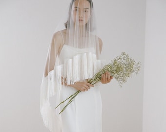 Handmade Two Layer Fringe Wedding Veil, Bohemian Tassel, Ivory Bridal Veil