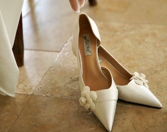 Camellia Satin Wedding Shoes, White Bridal Pumps, Pearl Flower Detail