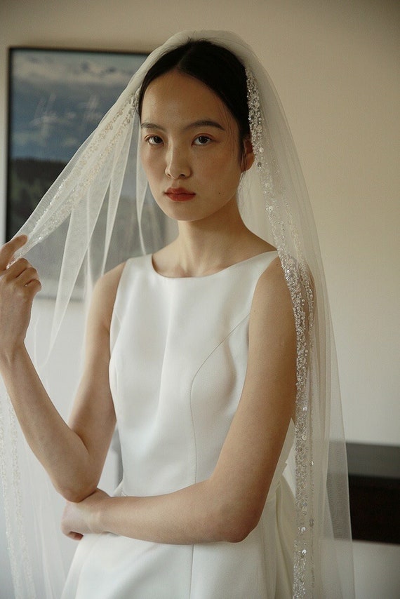 Sequins Beads Long Veil, One Layer, 2.4m Cathedral Veil 