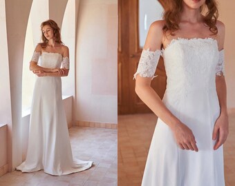 Lace Off-Shoulder Wedding Dress, Satin A-Line Bridal Gown