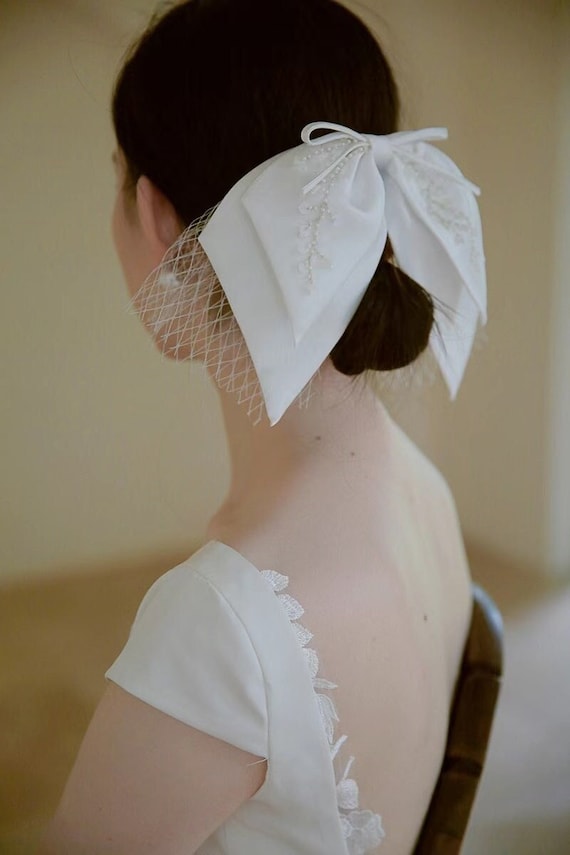 Satin Bridal Hair Bow with Floral Beads, Wedding Hair Clip